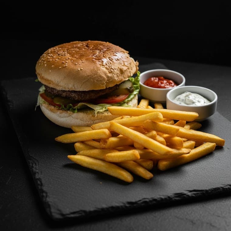 The same burger and fries after Hopa - studio lighting, dark backdrop and a pro menu-ready look